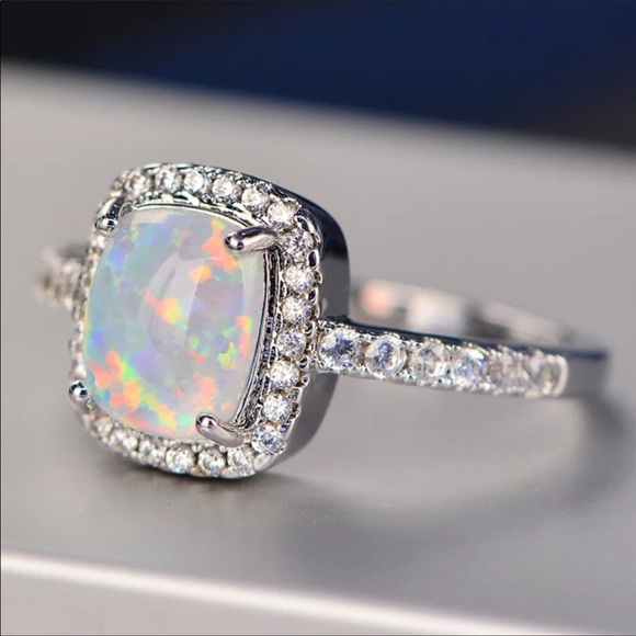 925 Sterling Silver Halo Fire Opal Ring - Picture 2 of 3